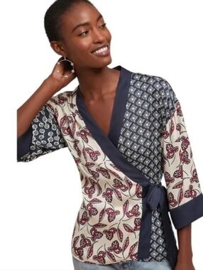 Anthropologie Meadow Rue Mixed-Print Tie-Front Blouse in Navy and Red